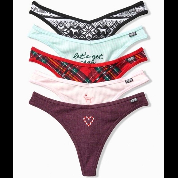 VS Cotton Ribbed Thong 5 pack Holiday Panties - Picture 1 of 1